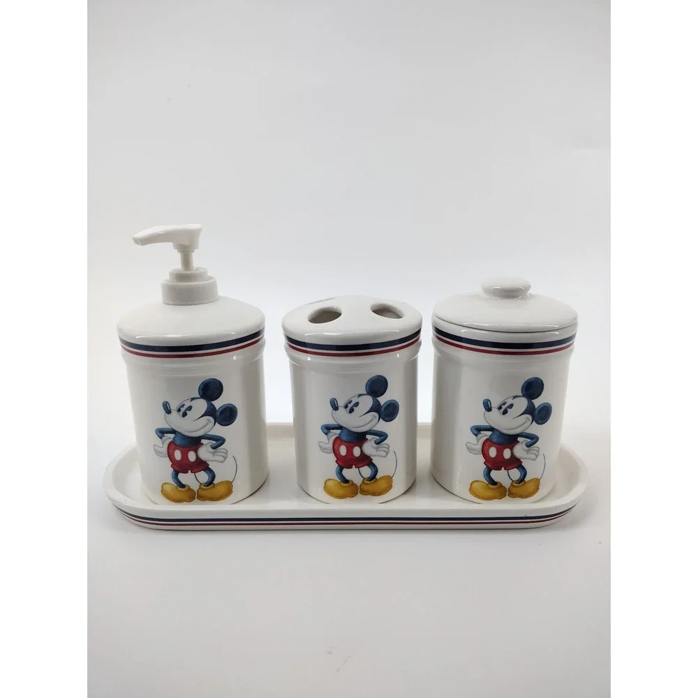 Disney Mickey Mouse Ceramic Bathroom Set 4pc Soap Dispenser Toothbrush Holder